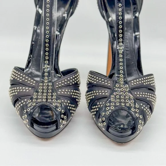 ALEXANDER McQUEEN Black Studded Leather Peep-Toe T-Bar Platform Heel Size: 8.5 - Picture 3 of 5